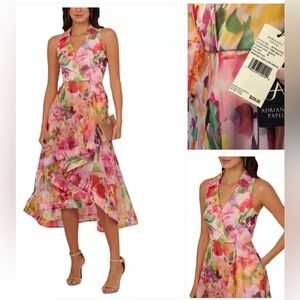NWT! Adrianna Papell Sleeveless  Floral Organza Collared High Low Dress